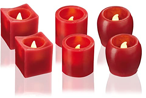 hellum LED Wachskerzen rot mit Batterie (CR2032), 6er Set Tischdekoration | LED Kerzen rot, gelbe LED, verschiedene Formen, 4cm hoch, Kerzen batteriebetrieben für Geburtstag, Weihnachten 572193