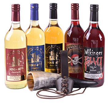 Battle-Merchant Met Probier-Paket | 5 Flaschen Honigwein mit echtem Trinkhorn und Gürtelhalter aus Leder | Honigmet Horn Geschenk Wikinger Mittelalter LARP Set