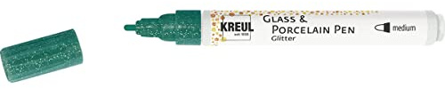 KREUL 16510 - Glass & Porcelain Pen Glitter grün, Strichstärke ca. 1 - 3 mm, halbtransparente Farbe auf Wasserbasis mit Glitzereffekt, für Glas, glasierte Keramik, Metall und Porzellan
