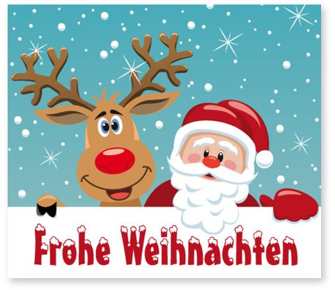 Weihnachtsaufkleber Weihnachtssticker Frohe Weihnachten mit Rentier und Weihnachtsmann Größe 40 x 35 mm, 100 Stück auf Rolle, Haftpapier glänzend