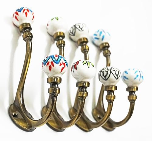 Set of 4 x Mix Vintage Look Colourful Ceramic Hook Wall Coat Hooks Hat Clothes Hanger