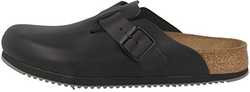 Birkenstock Boston Super Grip aus Naturleder - Herren und Damen Clogs Berufsschuh - Rutschhemmende Gummi-Eva-Sohle nach EN ISO 20347 - Anatomisch geformtes Kork-Latex-Fußbett - Schwarz - Schmal - 44
