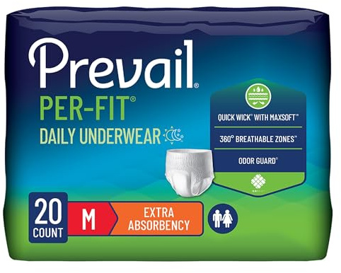 Prevail Per-Fit Daily Protective Underwear, Unisex Adult Disposable Adult Diaper for Men & Women, Extra Absorbency, Medium, 20 Count Bag