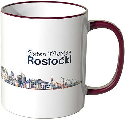 WANDKINGS® Tasse, Schriftzug Guten Morgen Rostock! mit Skyline bei Nacht - Bordeaux