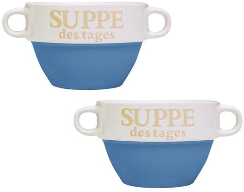 DRULINE 2 Stück Suppentasse aus Keramik mit Schriftzug Suppe des Tages Ø 13 cm Blau