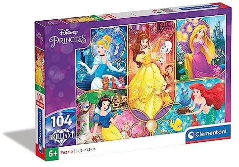 Clementoni 20140 Brilliant Puzzle Disney Prinzessinnen – Puzzle 104 Teile ab 6 Jahren, farbenfrohes Kinderpuzzle mit Schimmer-Effekt, Geschicklichkeitsspiel für Kinder