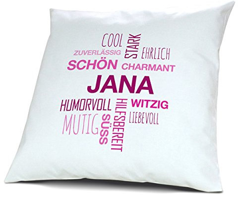 printplanet Kopfkissen mit Namen Jana - Motiv Positive Eigenschaften Tagcloud Pink, 40 cm, 100% Baumwolle, Kuschelkissen, Liebeskissen, Namenskissen, Geschenkidee