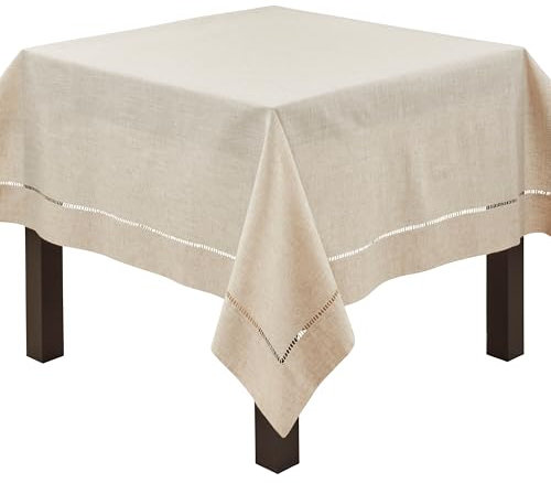 SARO LIFESTYLE Toscana Tischdecke aus Poly- und Leinen-Mischgewebe, mit Hohlsaum, Naturfarben, 101,6 cm