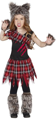 FIESTAS GUIRCA | Schottischer Wolf Kostüm für Kinder - Kapuze, Stulpen, Handschuhe und Kleid - Wolf- und Tierkostüme für Halloween, Karneval und Kostümpartys - Ideal für Mädchen - Schwarz und Rot
