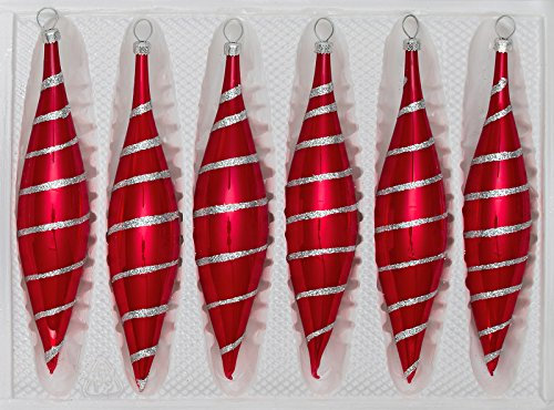 6 TLG. Glas-Zapfen Set in Hochglanz Rot Candy Silberne-Spiralen - Neuheit - Christbaumkugeln - Weihnachtsschmuck-Christbaumschmuck
