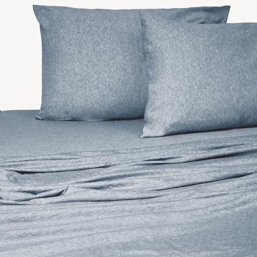 Briarwood Home Jersey-Strick-Bettlaken-Set, weiche und luxuriöse Baumwoll-Bettwäsche, 150 g/m², atmungsaktives Bettlaken – tiefe Taschen, bequem, Heidekraut (Queen, Blue Chambray)