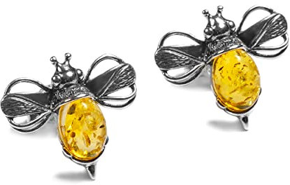 HENRYKA Silver & Honey Amber Bumble-Bee Studs | 925 Sterling Silver Honey Bee Gemstone Earrings | Cute Fashion Accessory & Jewellery Gift for Her & Women