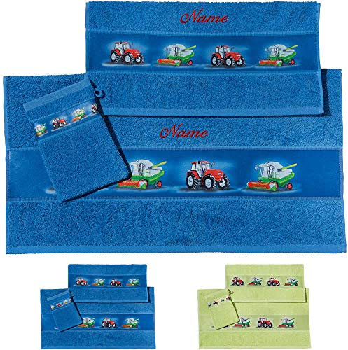 Erwin Müller Kinder Handtuch-Set, Frottier-Set mit Namen, Traktor blau Größe 70x110 cm + 50x70 cm + 15x21 cm - 1 Handtuch, 1 Badetuch, 1 Waschhandschuh - kuschelig weich, saugstark