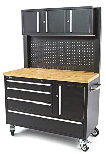 Professionelle HBM 122 cm Werkbank mit Schrankwand und Holzplatte - schwarz