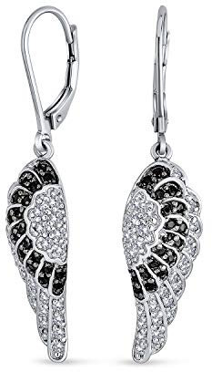 Ailes D'Ange D'Ange Gardien Plume Cubique Cz Noir Blanc Boucles D'Oreilles Levier Pour Femmes Plaqué Argent