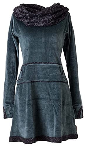 Vishes - Alternative Bekleidung - Samtkleid mit Kapuzenkragen grau-grün 38