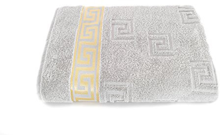 Luxus Medusa Saunatuch XL 100x200 cm - Silber - Hochflor Frottee mit Medusa Flachprägung und goldener Medusa Bordüre - Jacquard Hochflor Frottier mit Medusa Flachprägung und goldener Medusa Bordüre