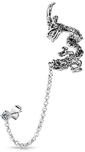 Bungsa Drachen Ear Cuff Ohrklemme mit Kette silber für Damen & Herren (Ohrstecker Conch Fake Piercing Ohrringe Ohrclip Ohrschmuck Damen Frauen Herren Mode)