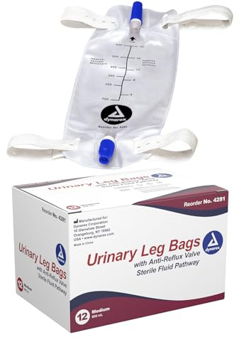 Dynarex Urinary Leg Bag, for Use with Catheter, has a Non-Drip Closure & Anti-Reflux Valve, 600 ml/20 oz Capacity, Medium, White, 1 Box of 12 Leg Bags