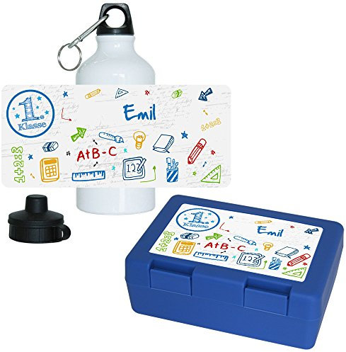 Eurofoto Brotdose + Trinkflasche Set mit Namen Emil und schönem Motiv zur Einschulung für Jungen | Aluminium-Trinkflasche | Lunchbox | Vesper-Box