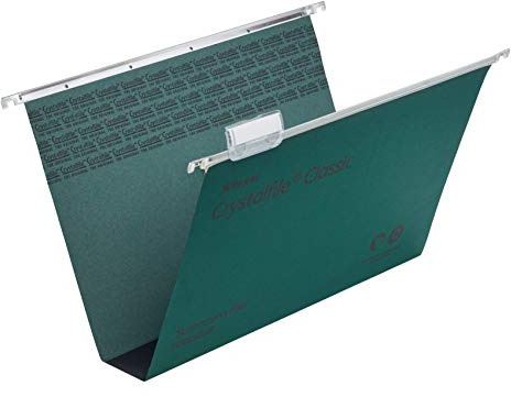 Rexel Foolscap Suspension Files with Tabs and Inserts for Filing Cabinets, 50 mm base, 100 Percent Recycled Manilla, Green, Crystalfile Classic, Pack of 50, 71750