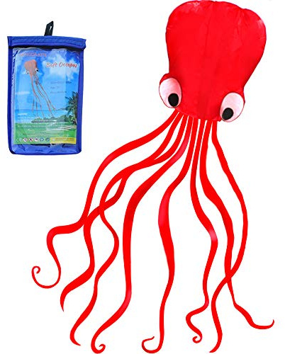 Hengda Kite Software Octopus Flyer Kite with Long Colorful Tail for Kids, 31-Inch Wide x 157-Inch Long, Large, Red