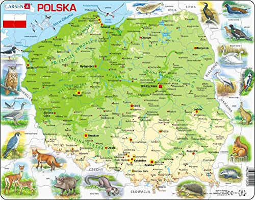 Larsen K98 Poland Physical Map Jigsaw Puzzle | 61 Pieces | Polish Edition | Educational Tray & Frame Puzzle for Kids