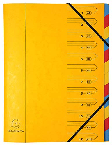 Exacompta 54129E Premium Ordnungsmappe geheftet. Aus extra starkem Colorspan-Karton DIN A4 12 vollfarbige bunte Fächer und 2 Gummizüge mit Organisationsdruck Ringmappe Register-Mappe gelb