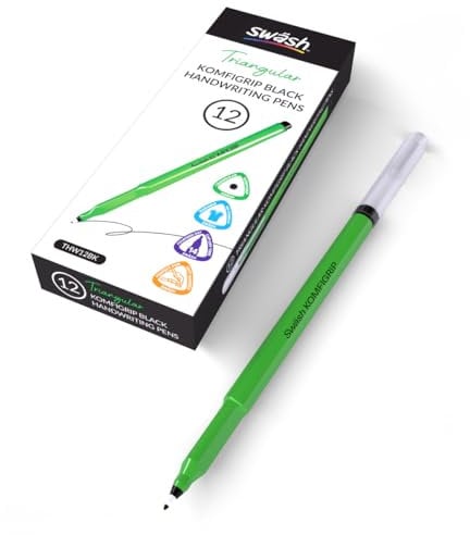 Swash Komfigrip Handwriting Pens, Triangular Grip for Added Control, Premium Quality, Washable Ink, Vibrant & Durable Fibre Tip Pens - Black Ink 12 Pack