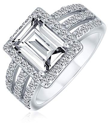 Personalisieren Sie Art Deco Stil 3Ct Rechteck Aaa Cz Emerald Cut Halo Verlobungsring Für Frauen Breites Band .925 Sterling Silber Personalisierbar