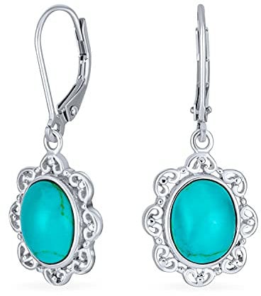 Boho-Western-Stil Filigran Halbedel Stabilisiert Blau Türkis Kuppel Oval Hängeohrringe für Frauen Lever Back .925 Sterlingsilber