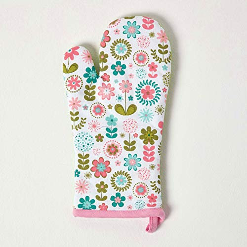 HOMESCAPES - Pure Cotton Oven Glove - Retro Flower - Green Blue - 18 x 32 cm - Fully Coordinated Washable Kitchen Linen