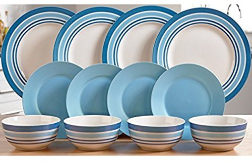 Tafelservice New Bone China Metallic Perlglanz Stripe 12 Set blau