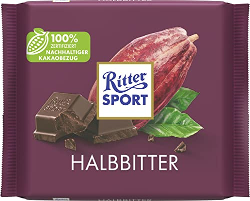 Ritter Sport Halbbitter, 100 g | 50% Kakao Intensiv und rein Einfaches Öffnen und Schließen. Quadratisches Format. Laktosefrei