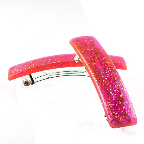 2Stk Rechteckige Patentspange 52x12 in neon pink mit silbernem glitter - Made in Germany - WeLoveBeads