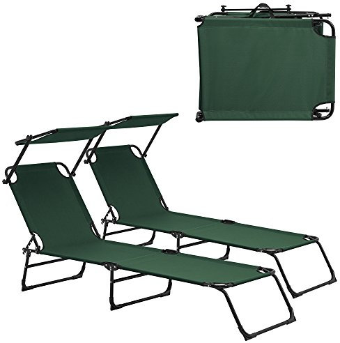 casa.pro Sonnenliege Lomeda 2er Set Liegestuhl klappbar Relaxliege Strandliege bis 110 kg 187 x 53 x 27 cm Gartenliege mit Sonnenschutz Rückenlehne verstellbar Stahlgestell Dunkelgrün