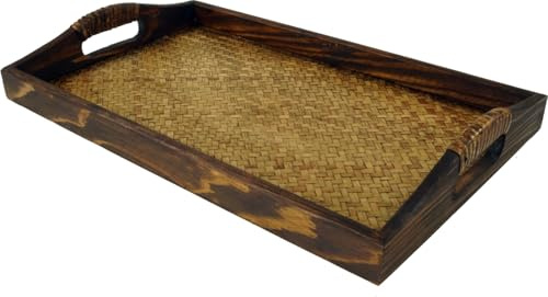 Frühstückstablett aus Holz mit Rattangeflecht, elegant, mittel (45 * 27 cm) | Stabiler Holzrahmen, vielseitig einsetzbar, ideal für Snacks und Getränke, zeitloses Design.