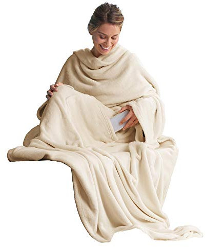 CelinaTex TV-Decke mit Ärmeln und Fußtasche Flauschige Kuscheldecke XL 170 x 200 cm Creme weiß Mikrofaser Fleece Soft Oeko-TEX