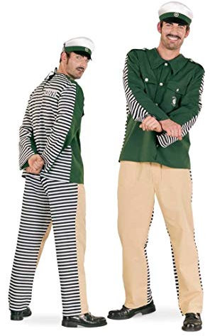 KarnevalsTeufel.de 2-TLG. Herrenkostüm Polizeistraefling mit Mütze Polizist Sträfling Gesetzeshüter Wachtmeister grün beche schwarz/weiß gestreift (56)