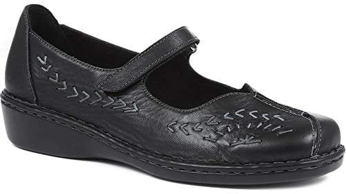 Pavers Ladies Leather Wide Fit Touch Fasten Mary Jane in Black - Stylish Daytime Wear with Unique Cut-Out Detail - Adjustable Fastening - UK 6 / EU 39
