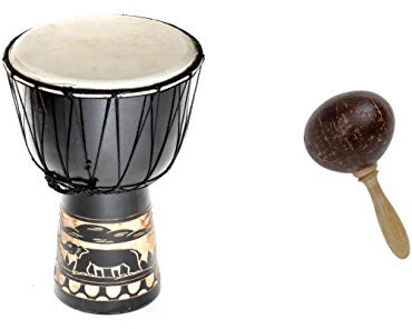 Große 50cm Djembe Holz Trommel Bongo Ziegenfell Elefant Schwarz + Kokos Rassel Maraca R2