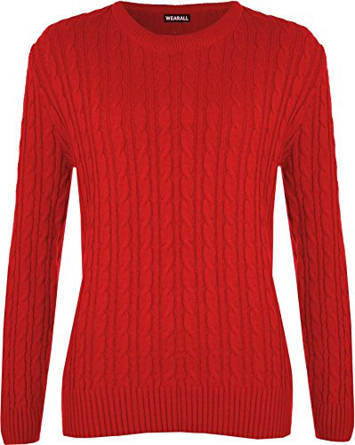 WearAll Women's Cable Knit Long Sleeve Top Ladies Jumper Sweater - Red - 16-18