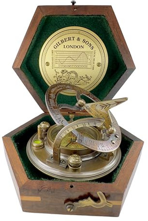 Maritime Museum Store Sonnenuhr-Kompass aus massivem Messing, in passender Lederbox, Patina, antik