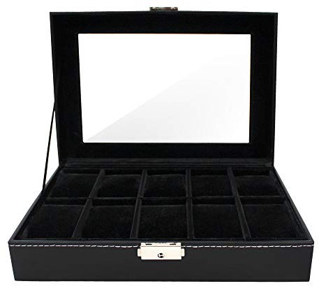 Todeco - Uhrbox, Uhr und Armband Aufbewahrung - Material der Box: MDF - Kissenmaterial: Samt - 10 Uhren und Display, Schwarz