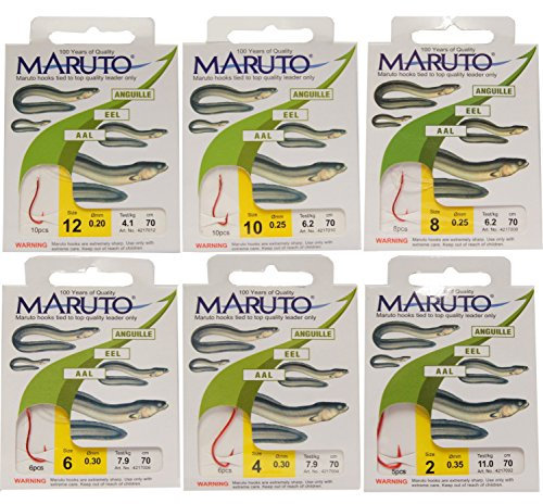 Maruto Aalhaken gebunden mit Haken in Größe 2 Vorfach 0,35mm Tragkraft 11kg Länge 70cm 5 Stück im Set