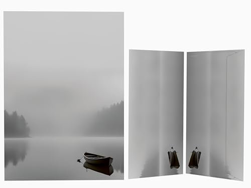 Trauerpapier-Set Boot am See, 50 Blatt A4 + 50 komplett bedruckte Briefumschläge DIN LANG, für Laser/Ink/Copy/Hand