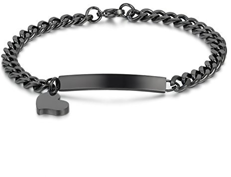 JewelryWe Personalisiert Herz Armband Damen: Edelstahl Schwarz Link Panzerkette Charmsarmband Verstellbare Armkette Armreif mit Herz Anhänger Gravur Schmuck Geschenke für Frau Mädchen