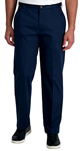 Haggar mens Premium No Iron Khaki Classic Fit Expandable Waist Flat Front dress pants, Dark Navy, 36W x 29L US