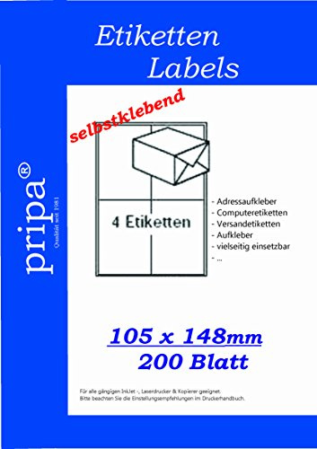 pripa Etikett 105 x 148 mm, 200 Blatt DIN A4 selbstklebende Etiketten. 4 Etiketten pro Bogen (800 Etiketten)