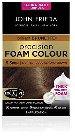John Frieda Precision Foam Color Haarfarbe, 6,5 Pbn, Salon-Finish, 100% Grauabdeckung, hellstes kühles Mandelbraun